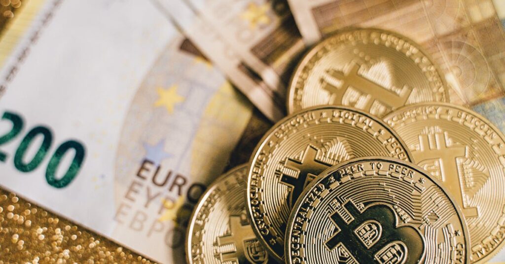 Close-up of Euro banknotes with Bitcoin coins on a glittery background symbolizing modern currency and investment.